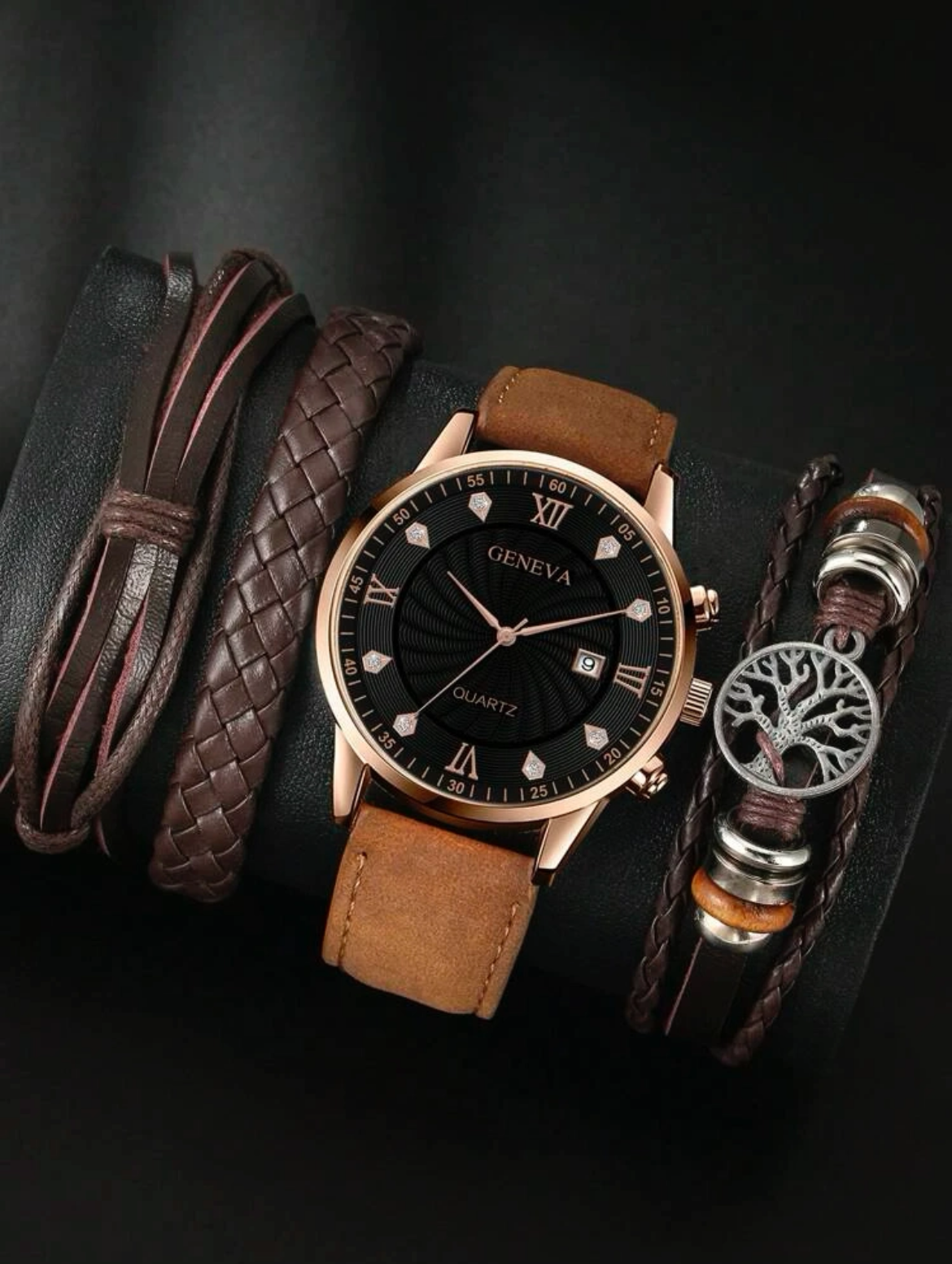 1入組男士圓形指針日期石英手錶和3入組手環