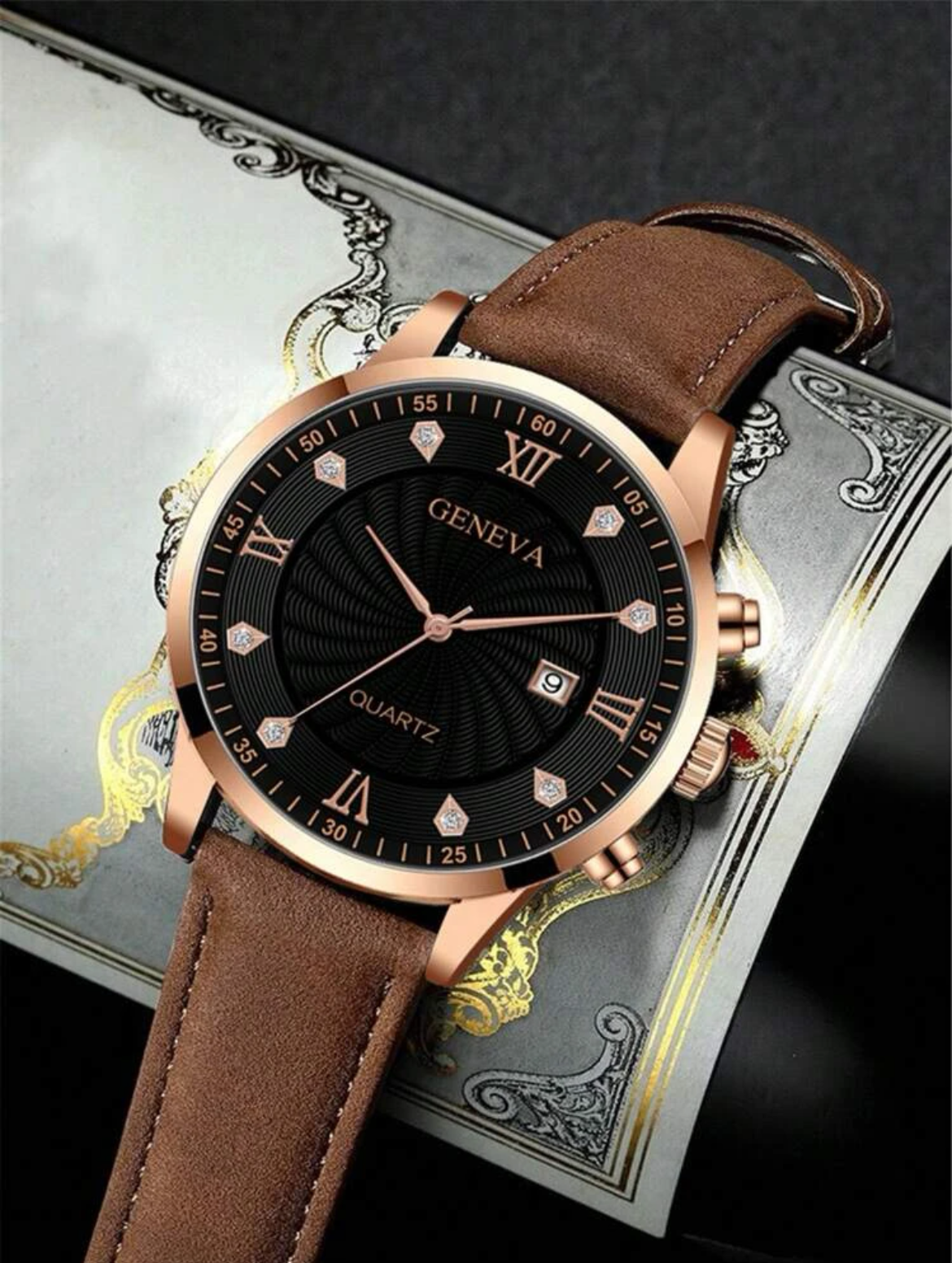 4入組套新款男士手錶豪華手鍊套裝時尚商務棕色皮革石英腕錶男士禮品套裝 Relogio Masculino