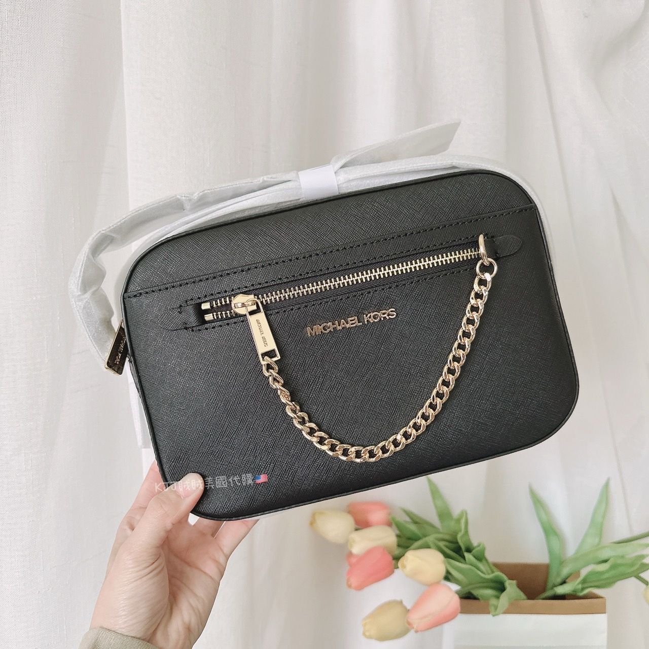 【MICHAEL KORS】MK 防刮 掛鍊包 鍊條 斜背 側背 黑金色 包包
