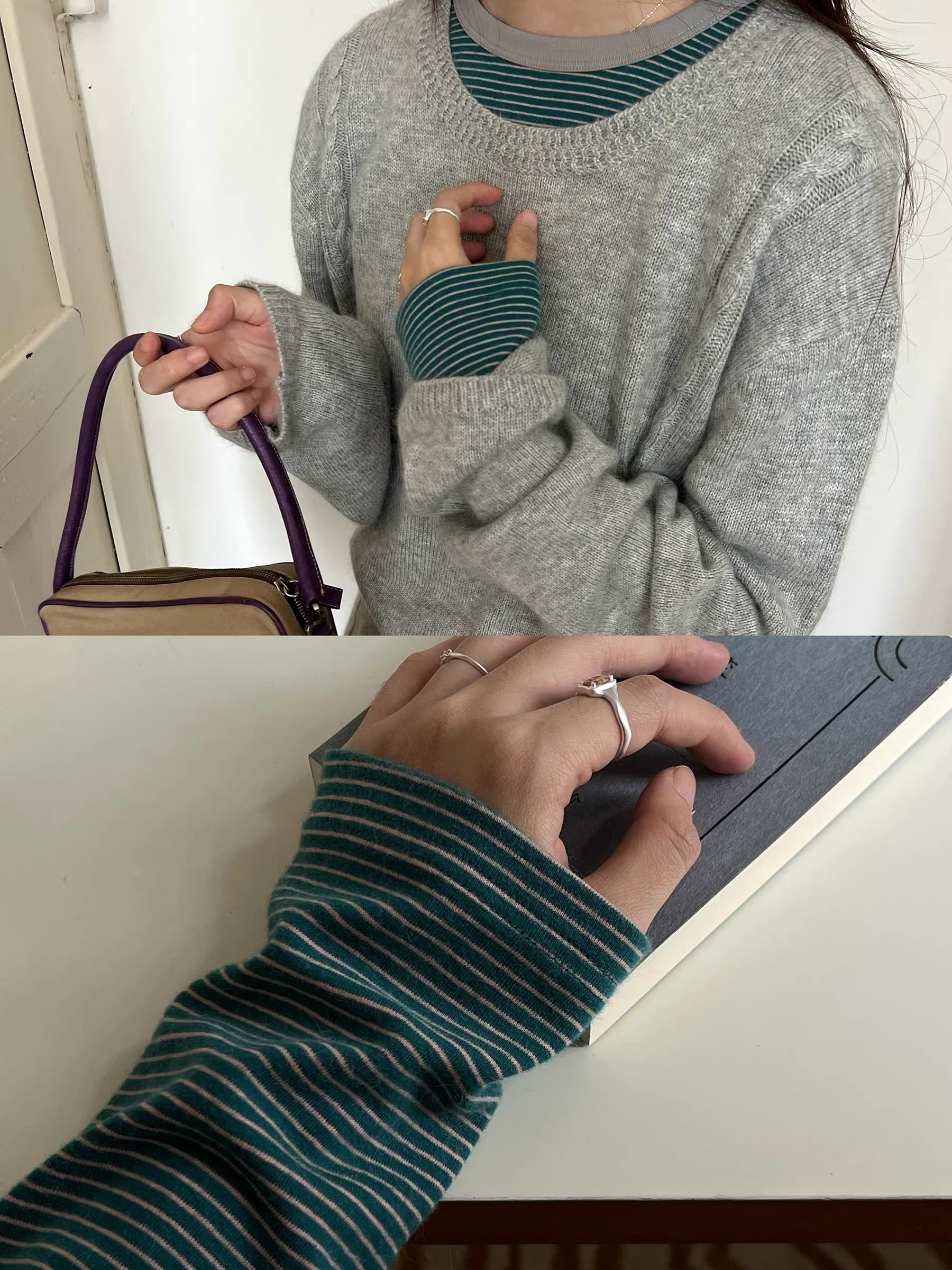 粉墨綠條紋長袖T