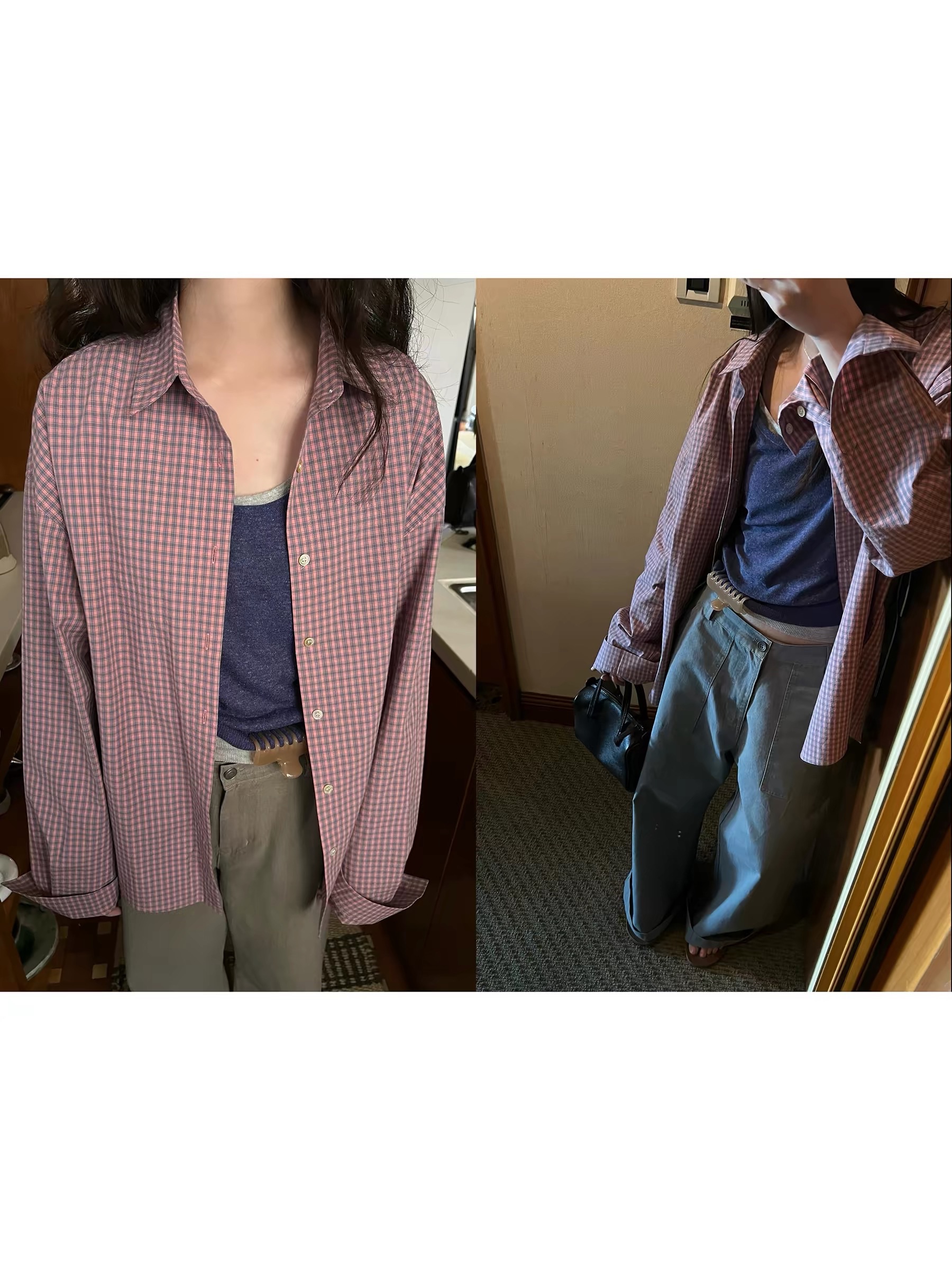 New🫧 粉撞藍格子襯衫