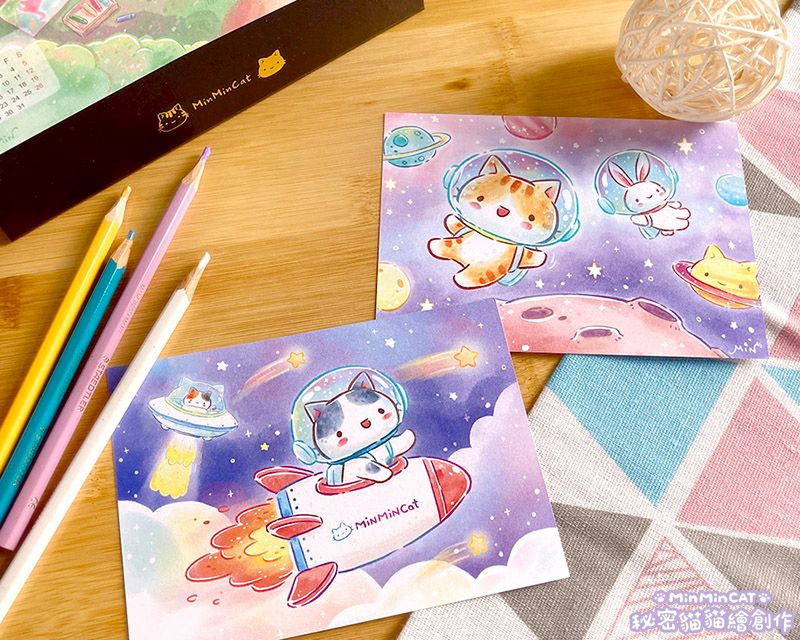 秘密貓-宇宙系列 水彩風插畫明信片 （共2款）_太空貓貓_火箭貓貓
