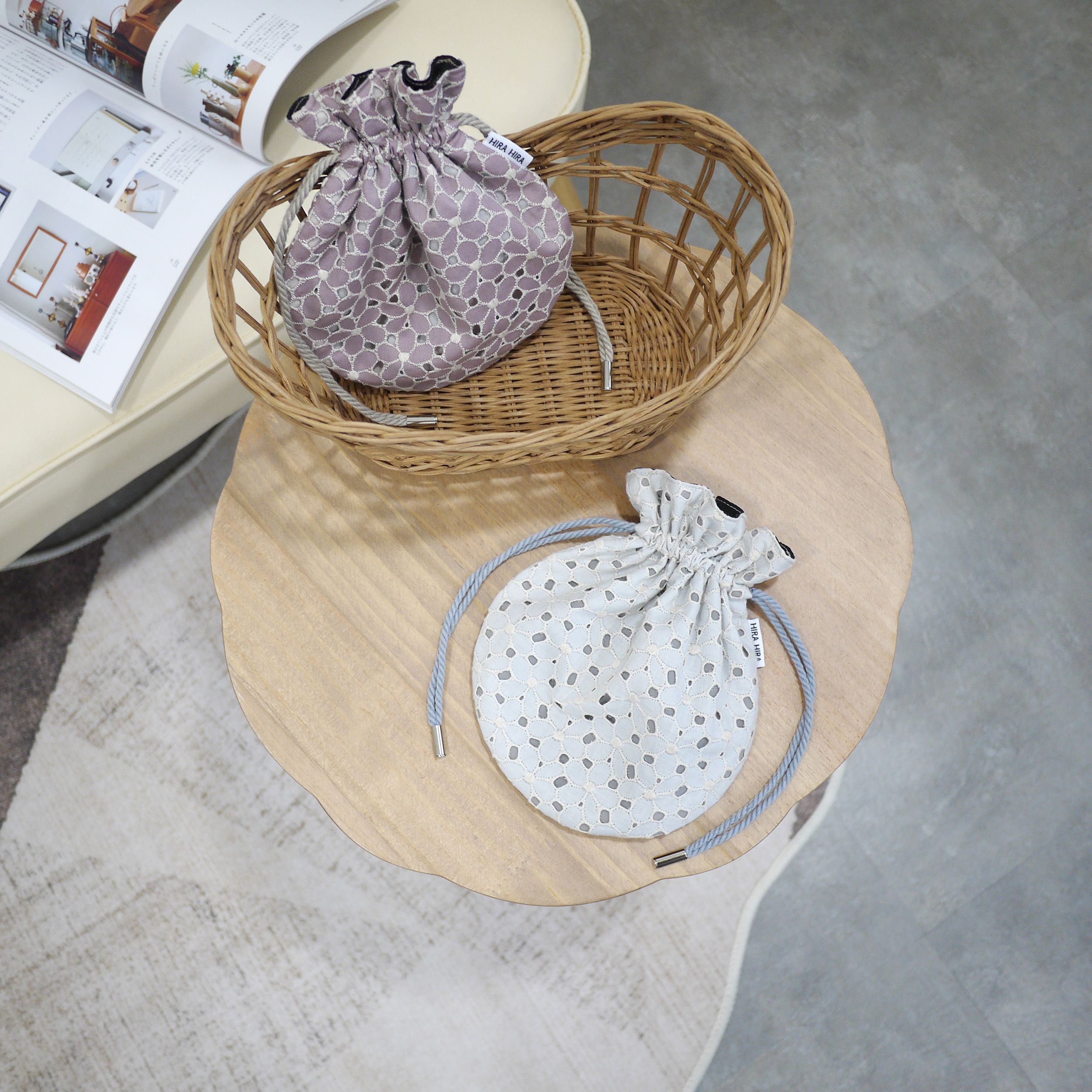 【新品】HIRA HIRA ✧ 束口小物收納袋/鏤空簡單花朵/2色