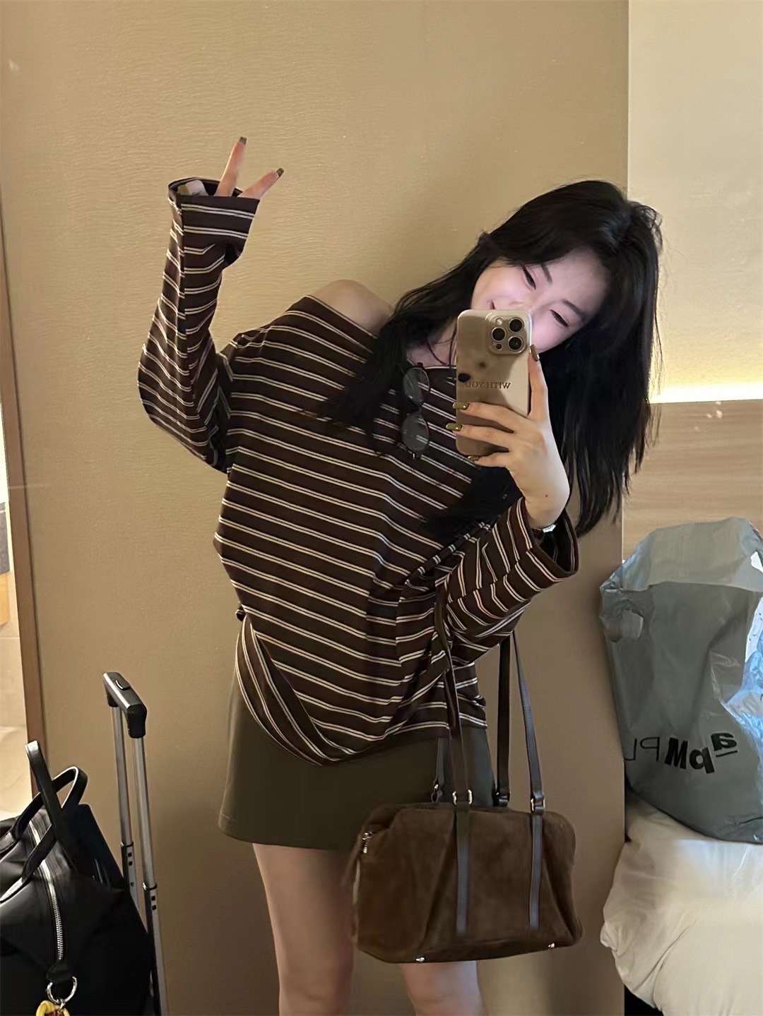 特殊落肩棉質條紋長袖