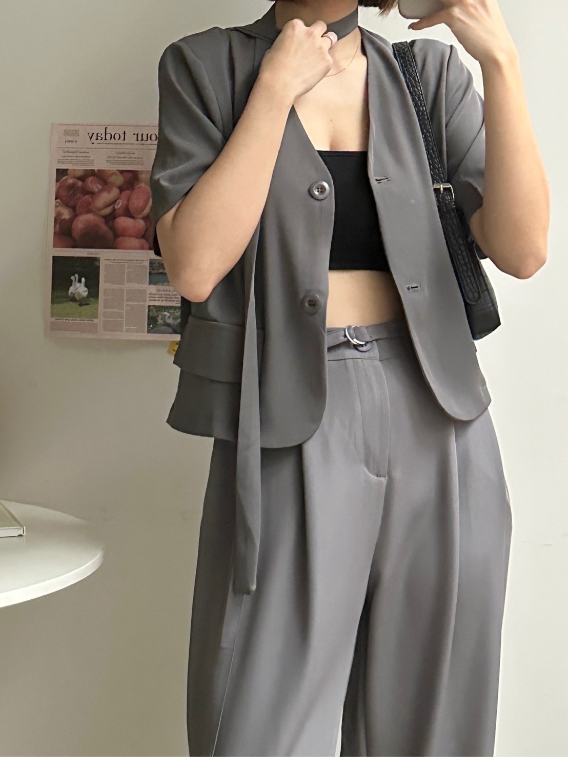 《復古短版》V領西裝外套（附綁帶）