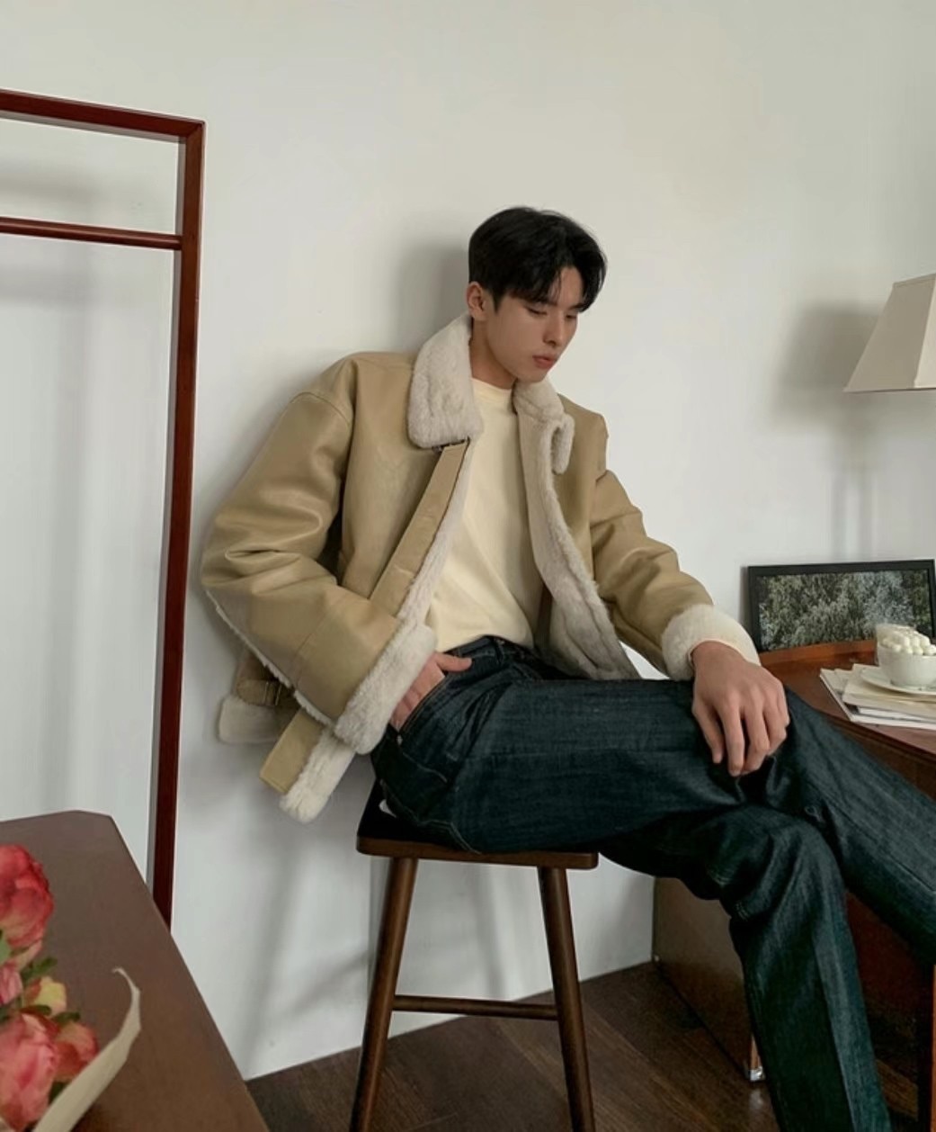 正韓 絨毛 翻領 立領 皮革外套 3色