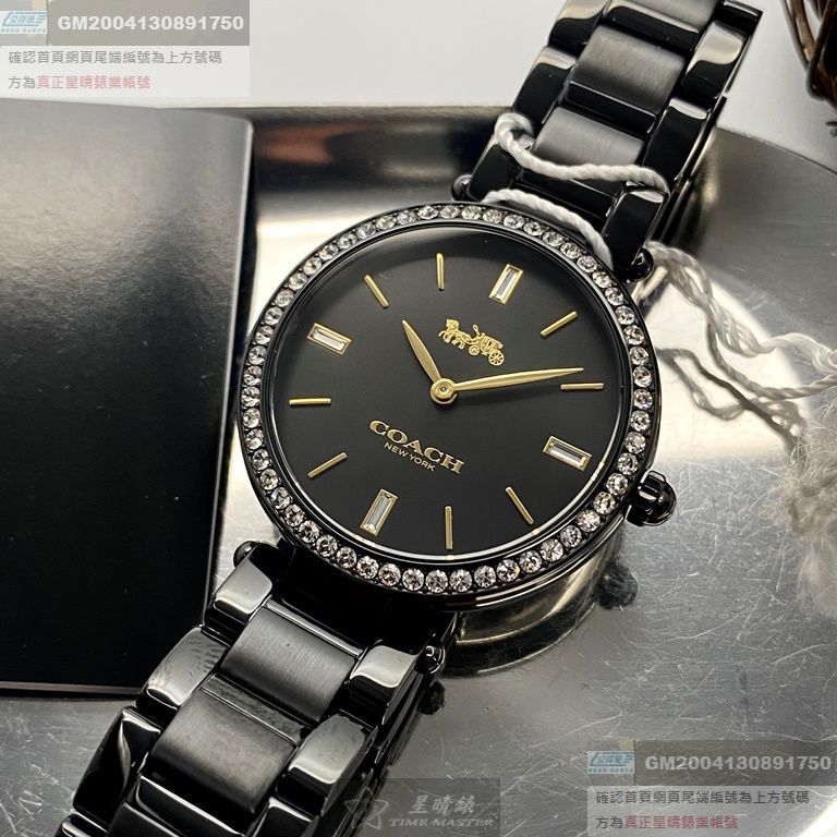 COACH手錶，編號CH00132，34mm銀圓形精鋼錶殼，黑色簡約， 中二針顯示錶面，深黑色精鋼錶帶款