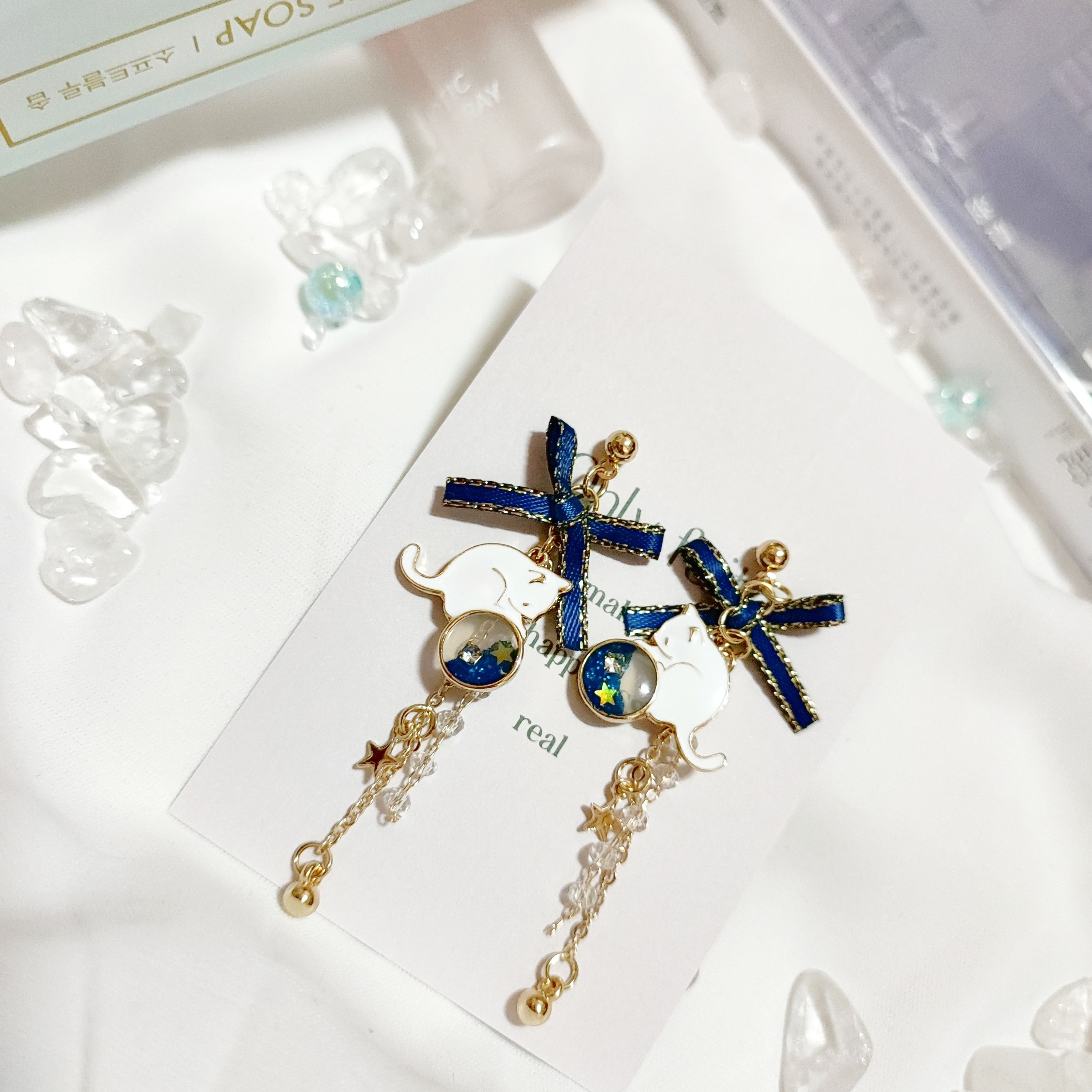 ＜耳飾＞ ⁺⋆ ins風氣質藍色蝴蝶結貓咪星球長款流蘇耳針耳飾