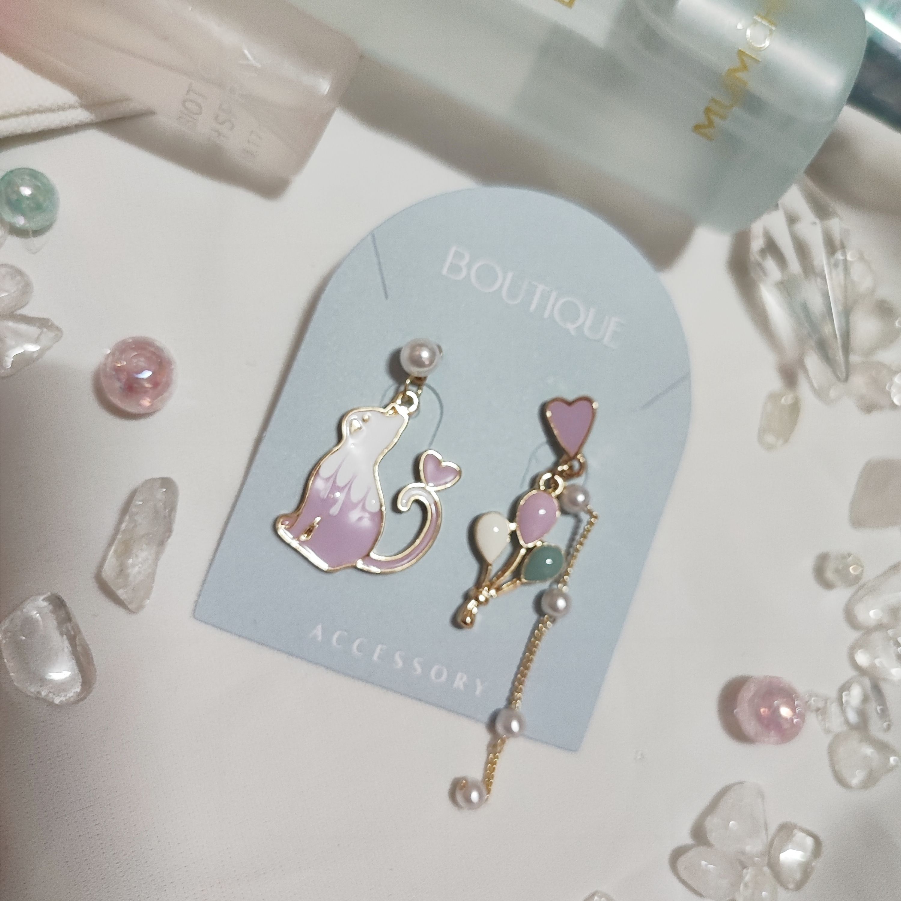 ＜耳飾＞ ⁺⋆ ins淺粉紫氣球貓貓不對稱耳針耳飾