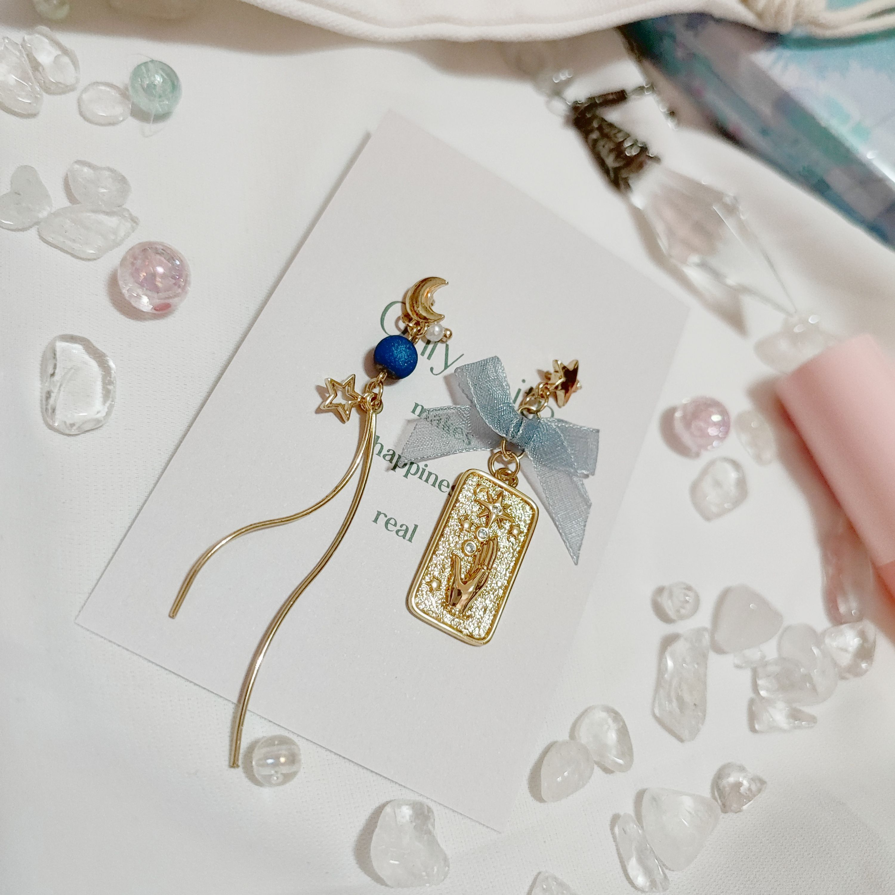 ＜耳飾＞ ⁺⋆不對稱塔羅星月蝴蝶結長款金屬耳針耳飾