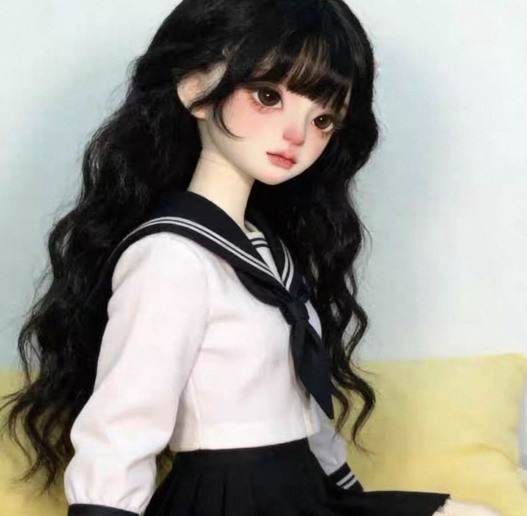 ＜BJD＞4分 | bjd娃娃假髮氣質少女髮黑色齊瀏海自然手工捲假毛髮