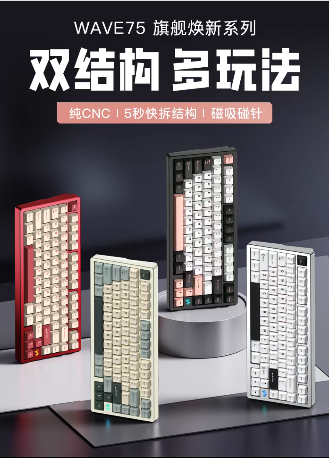 Wave75 陽極黑快拆鍵盤成品（含軸含鍵帽）