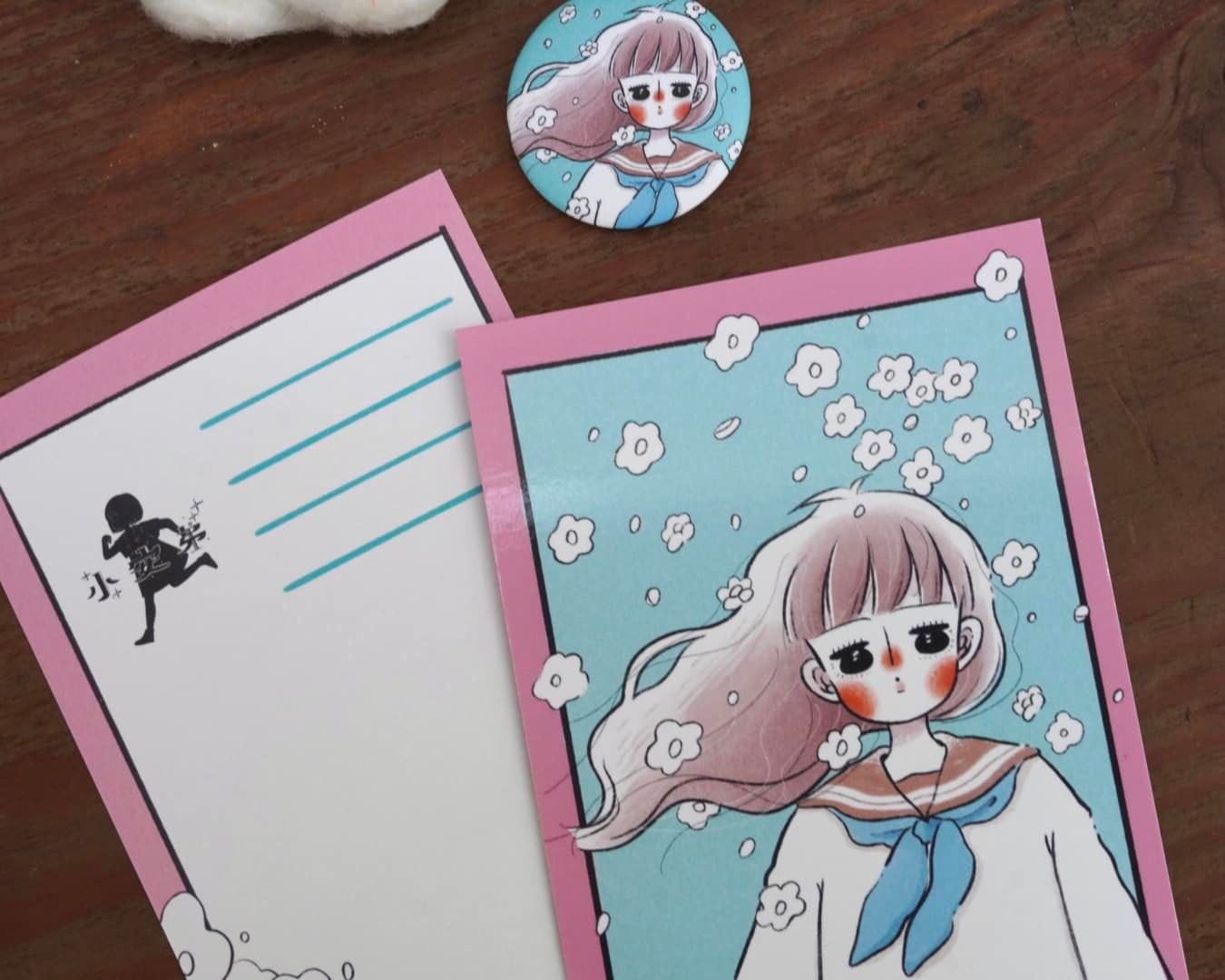 明信片 水手服少女-荷包花