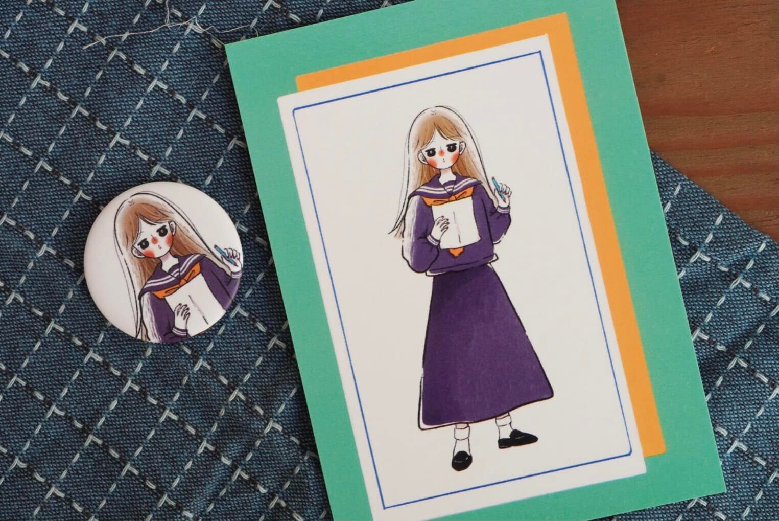 明信片 水手服少女-黃框