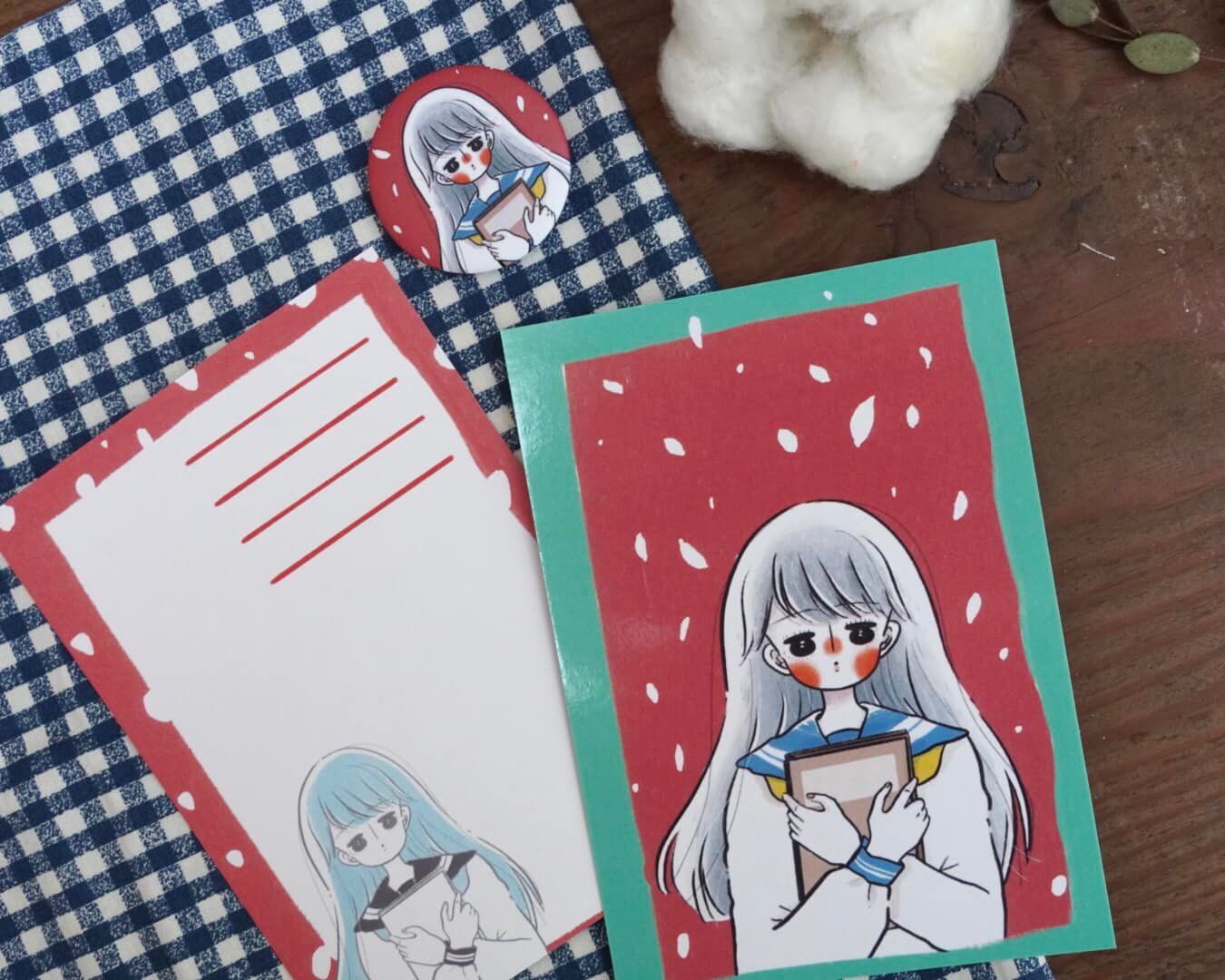 明信片 水手服少女-紅底白點