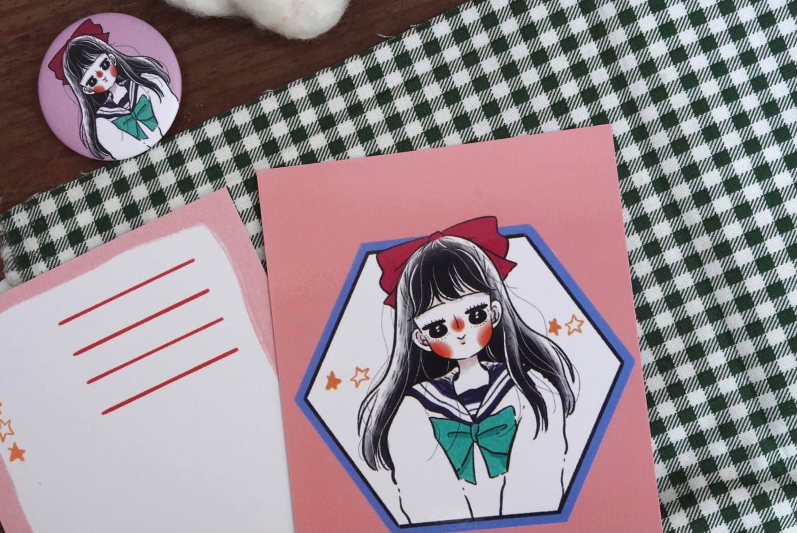 明信片 水手服少女-紅色蝴蝶結