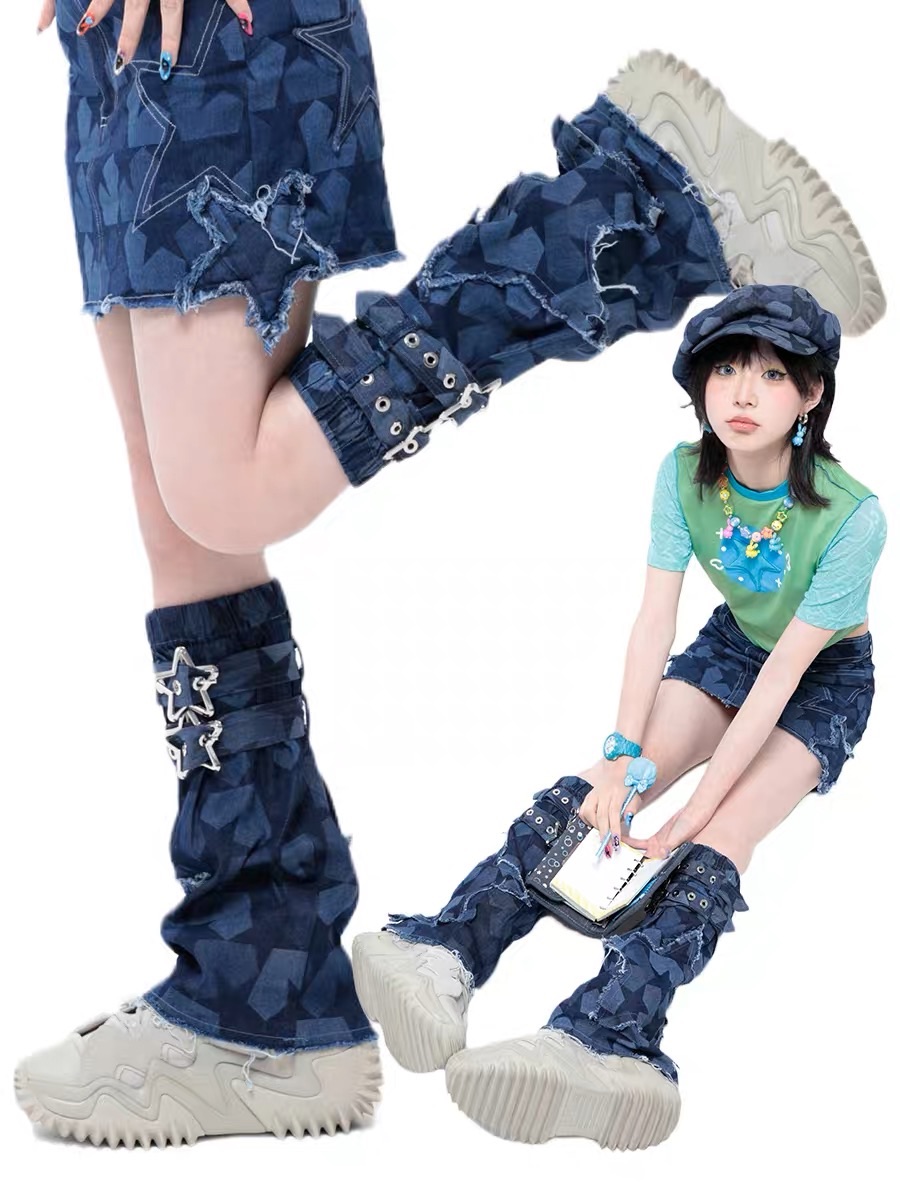 Hashtag DDD 日系深藍毛邊星星牛仔腿套