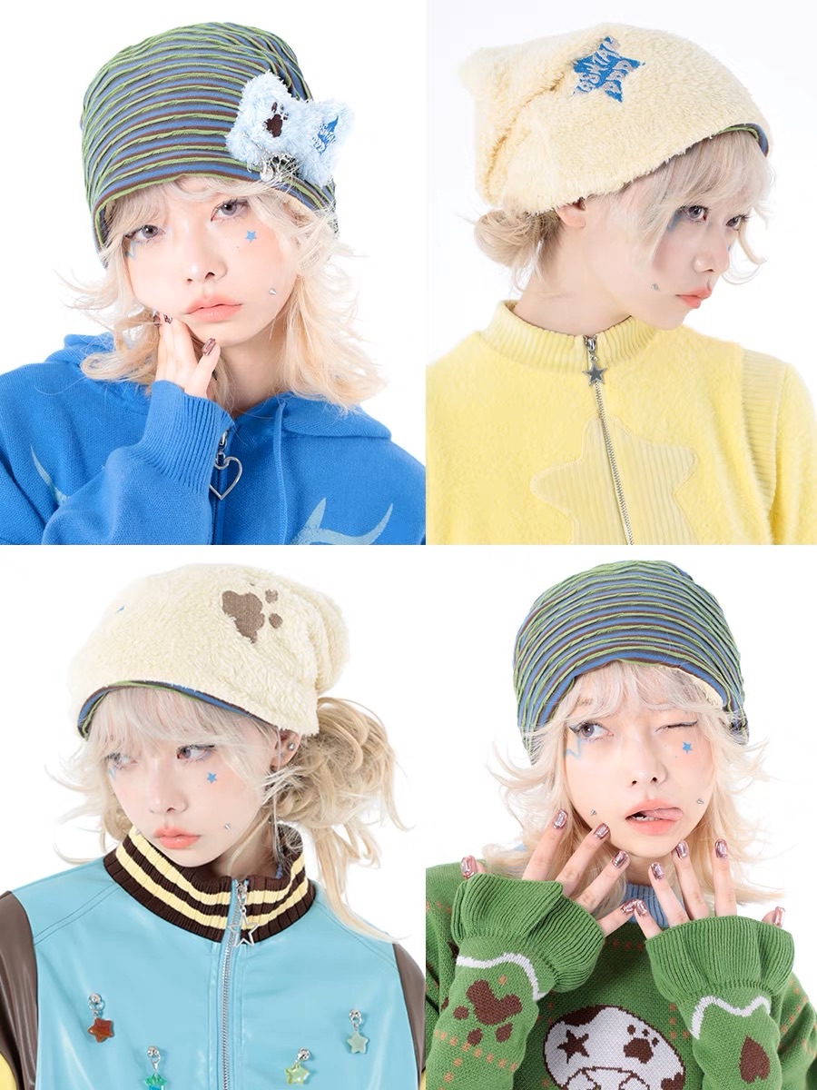 Hashtag DDD 小雞黃條紋毛絨雙面堆堆帽