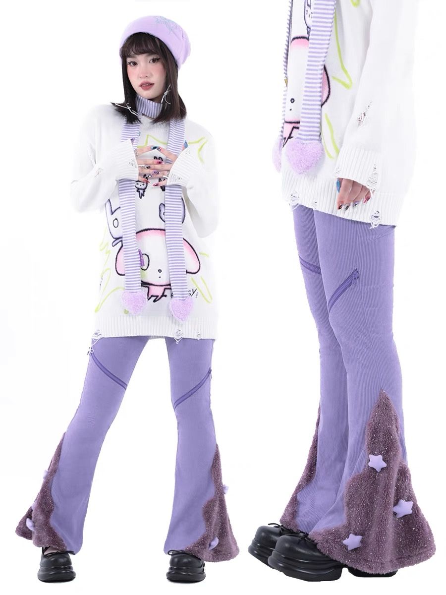 Hashtag DDD 紫星毛絨拼接燈芯絨喇叭長褲