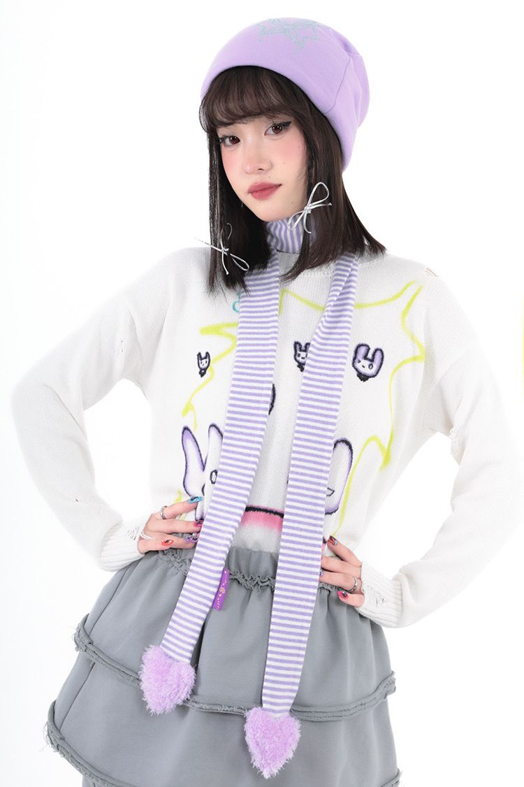 Hashtag DDD 愛心充棉白紫條紋細圍巾