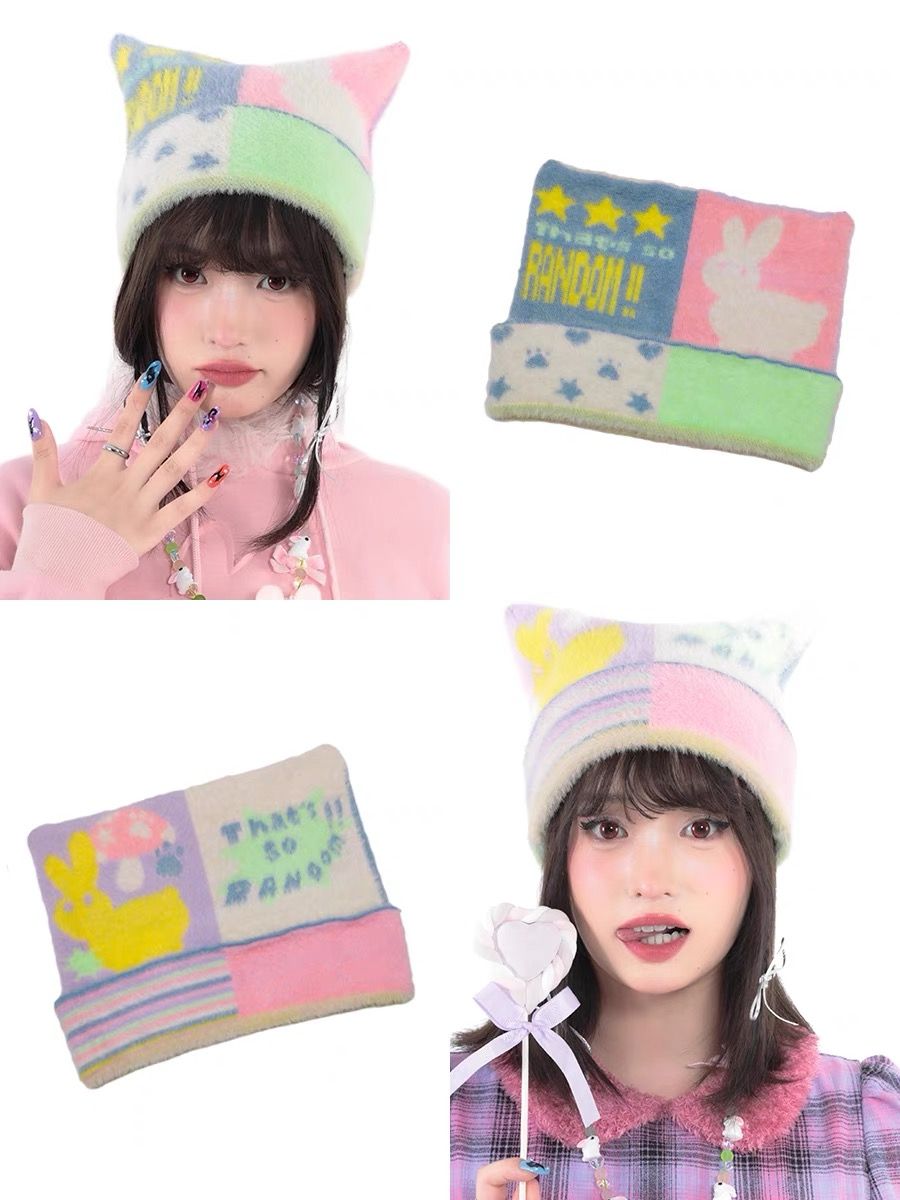 售完斷貨！！！Hashtag DDD 彩色千禧Y2K 貓耳針織雙面冷帽