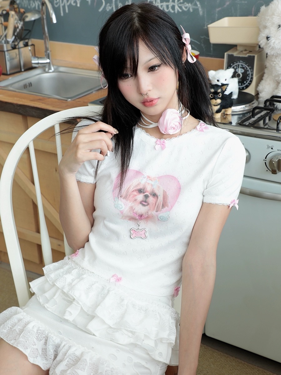 Hashtag DDD 天使狗狗骨頭掛飾蝴蝶結蕾絲邊短袖T