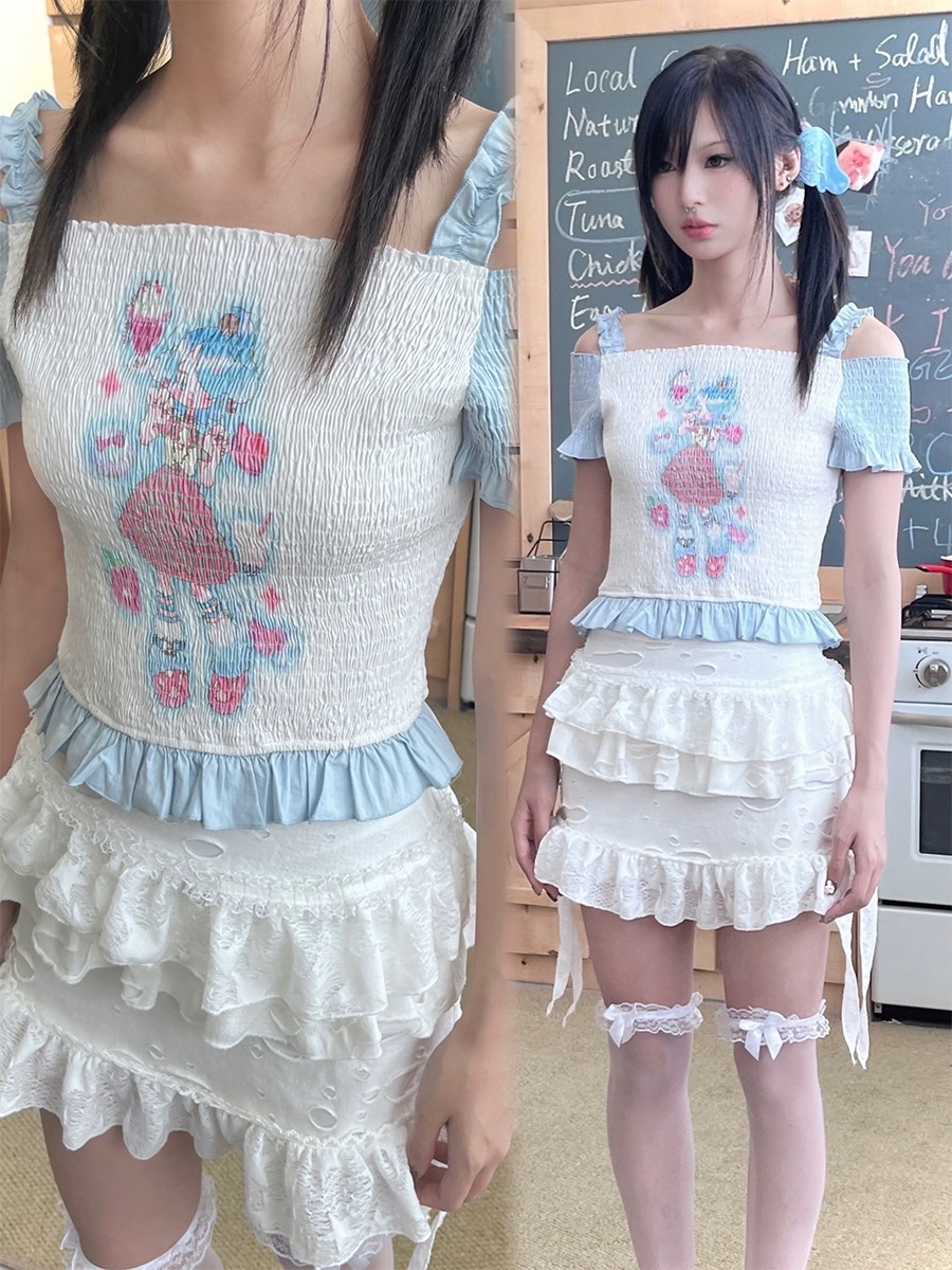 Hashtag DDD 少女彈性一字領壓褶T恤