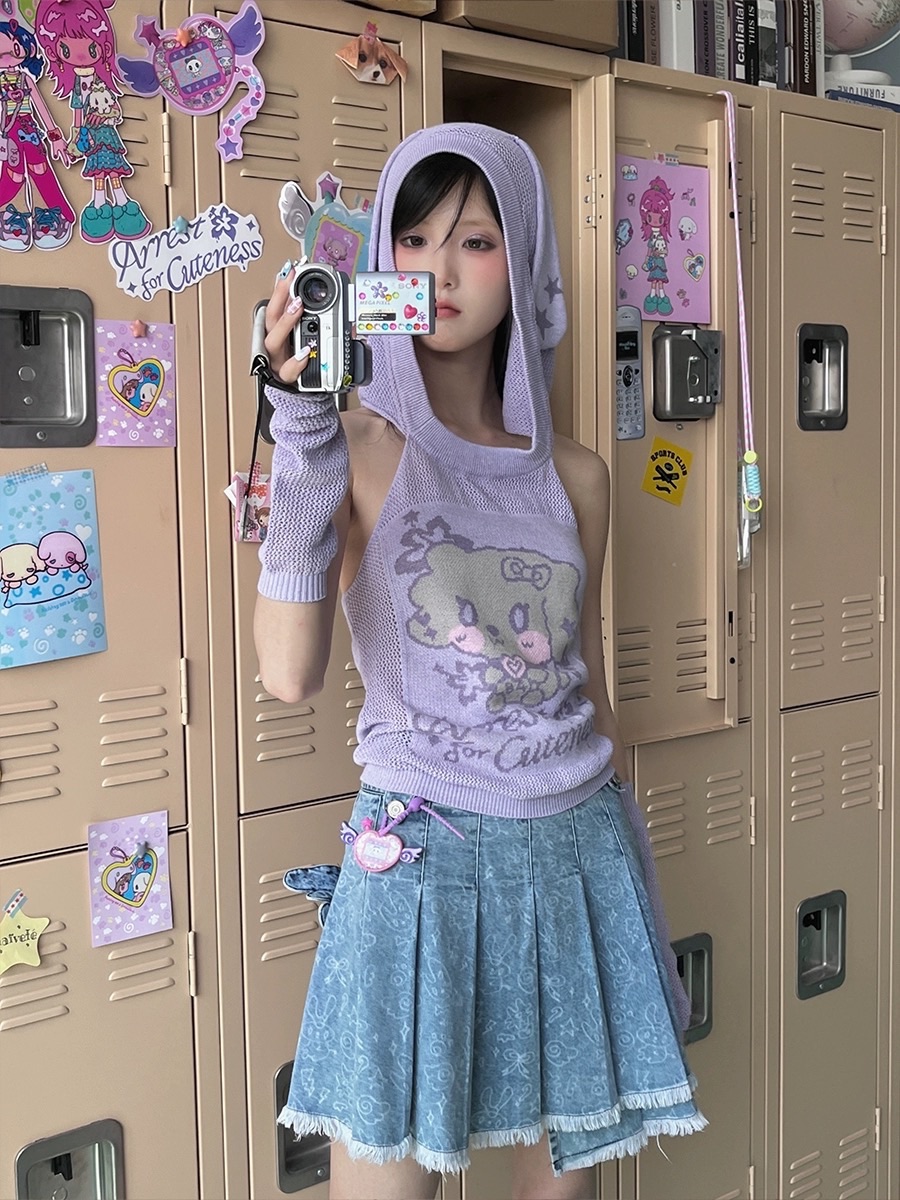 Hashtag DDD Y2K天使翅膀印花毛邊牛仔裙