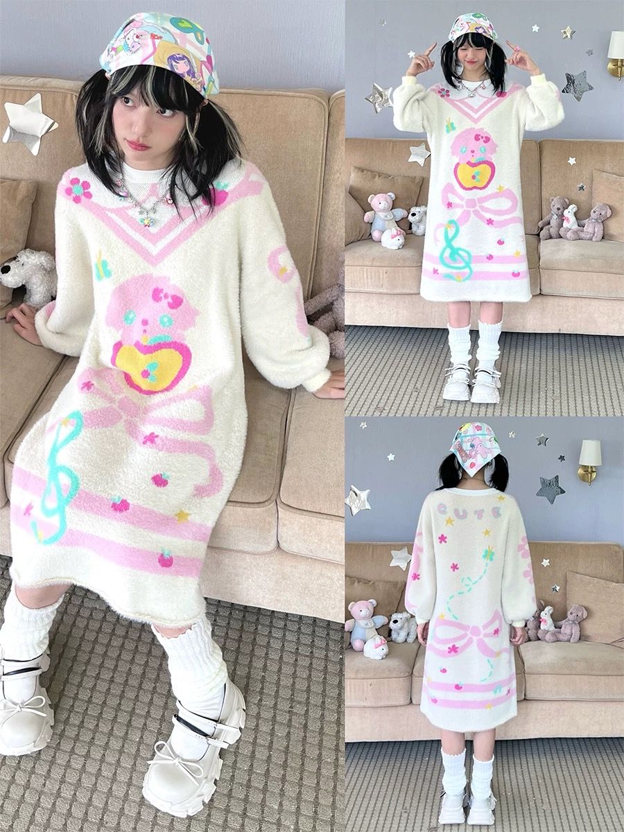 New🩵  日系昭和仿貂毛 鳥鳥一聯名針織連衣裙