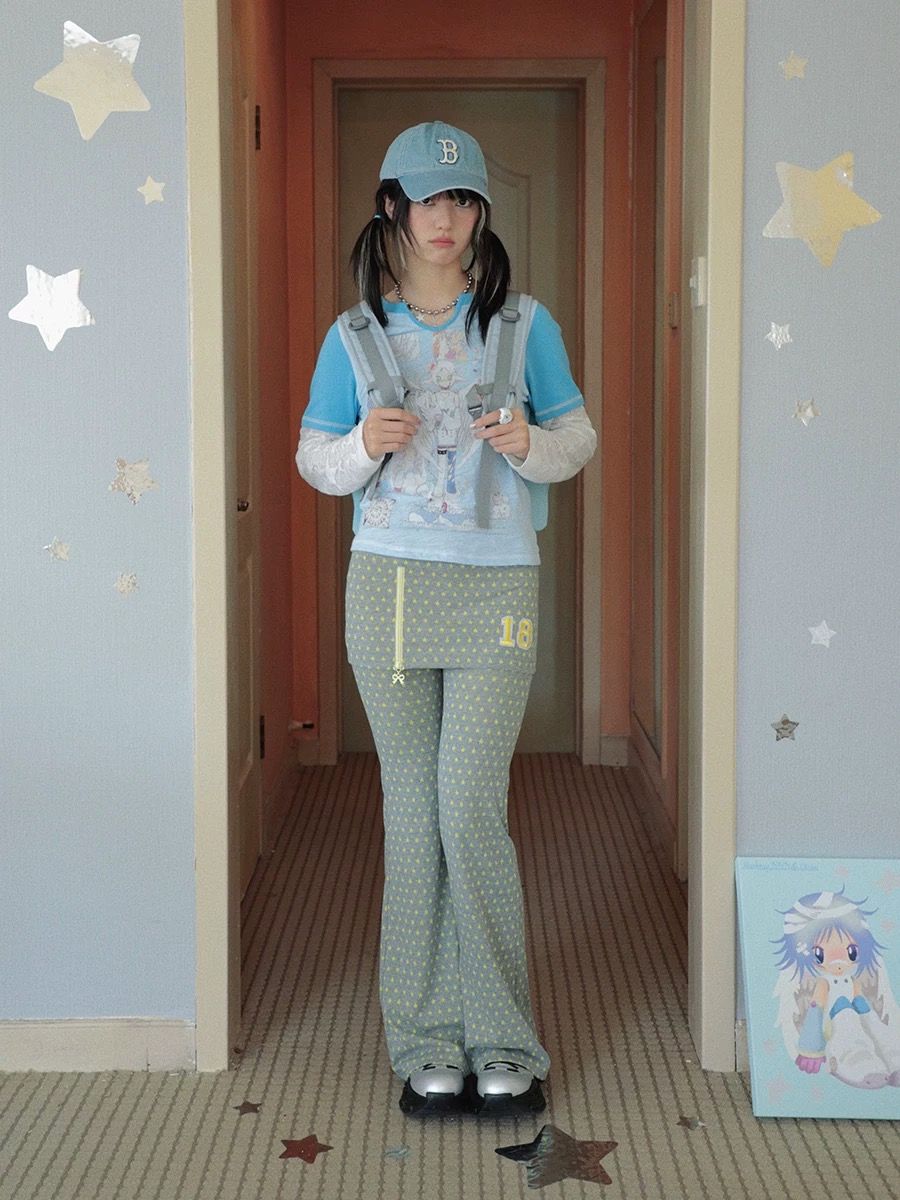 New🩵 Y2K星星假兩件微喇叭裙褲