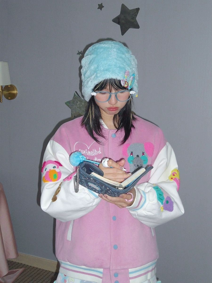 New🩵  復古學院粉色鳥鳥一聯名棒球衫外套