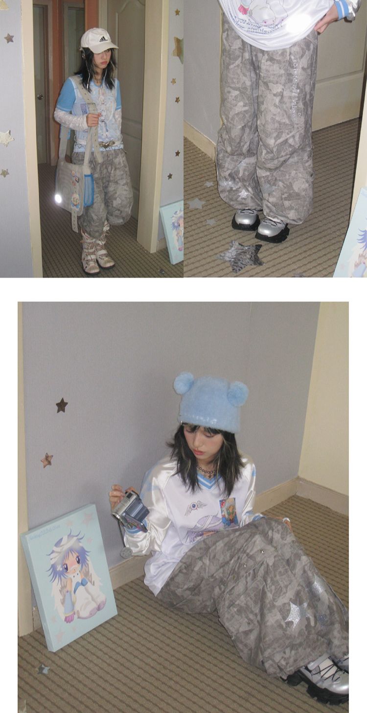 New🩵 灰綠闊腿迷彩工裝褲 兩穿可拆卸