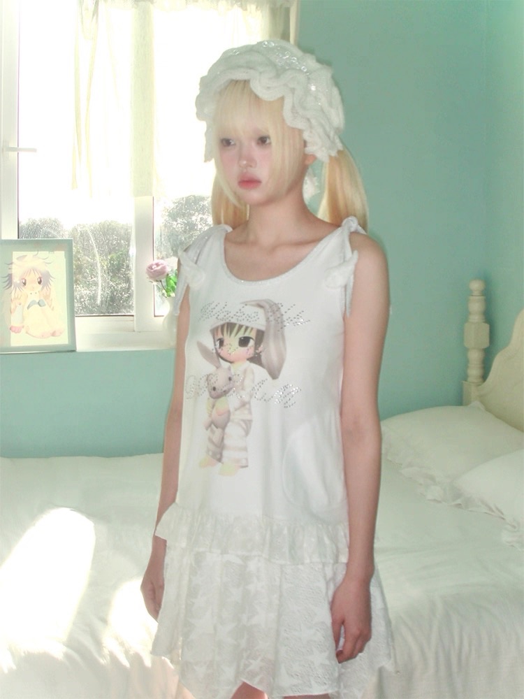 New⋆⸜♡⸝‍⋆ 翅膀荷葉邊無袖 睡夢女孩燙鑽背心