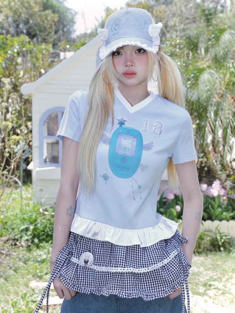 New⋆⸜♡⸝‍⋆ 荷葉邊V領 天使手機拼接短袖