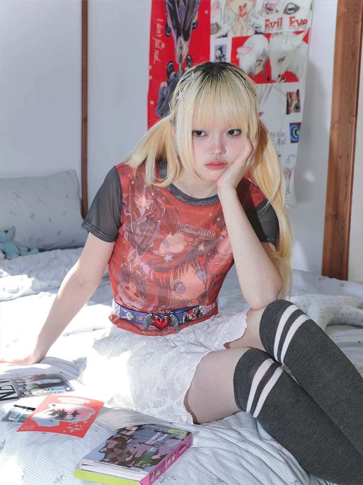 New⋆⸜♡⸝‍⋆ 彈力奧莉蛙聯名KillAngel網紗T 紅色