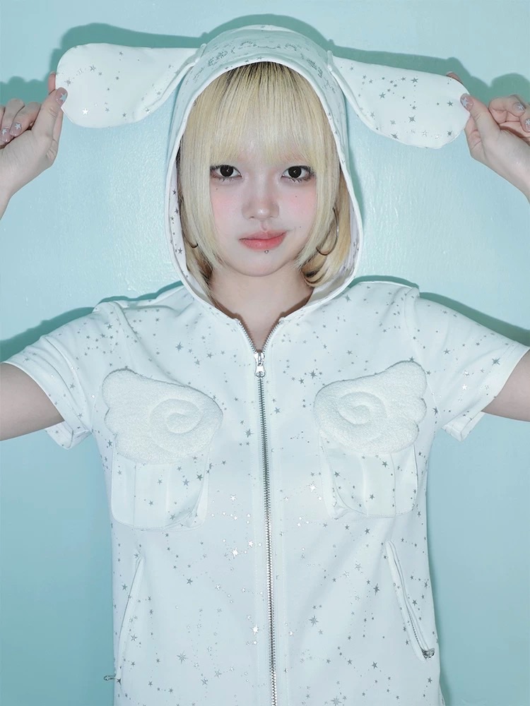New⋆⸜♡⸝‍⋆ 燙銀兔耳連帽天使翅膀燙鑽馬甲外套