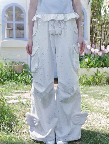 New⋆⸜♡⸝‍⋆ Y2K燙銀星 天使翅膀傘兵直筒工裝長褲