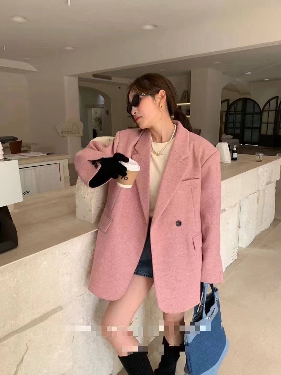 韓版撞色拼接西裝毛呢外套