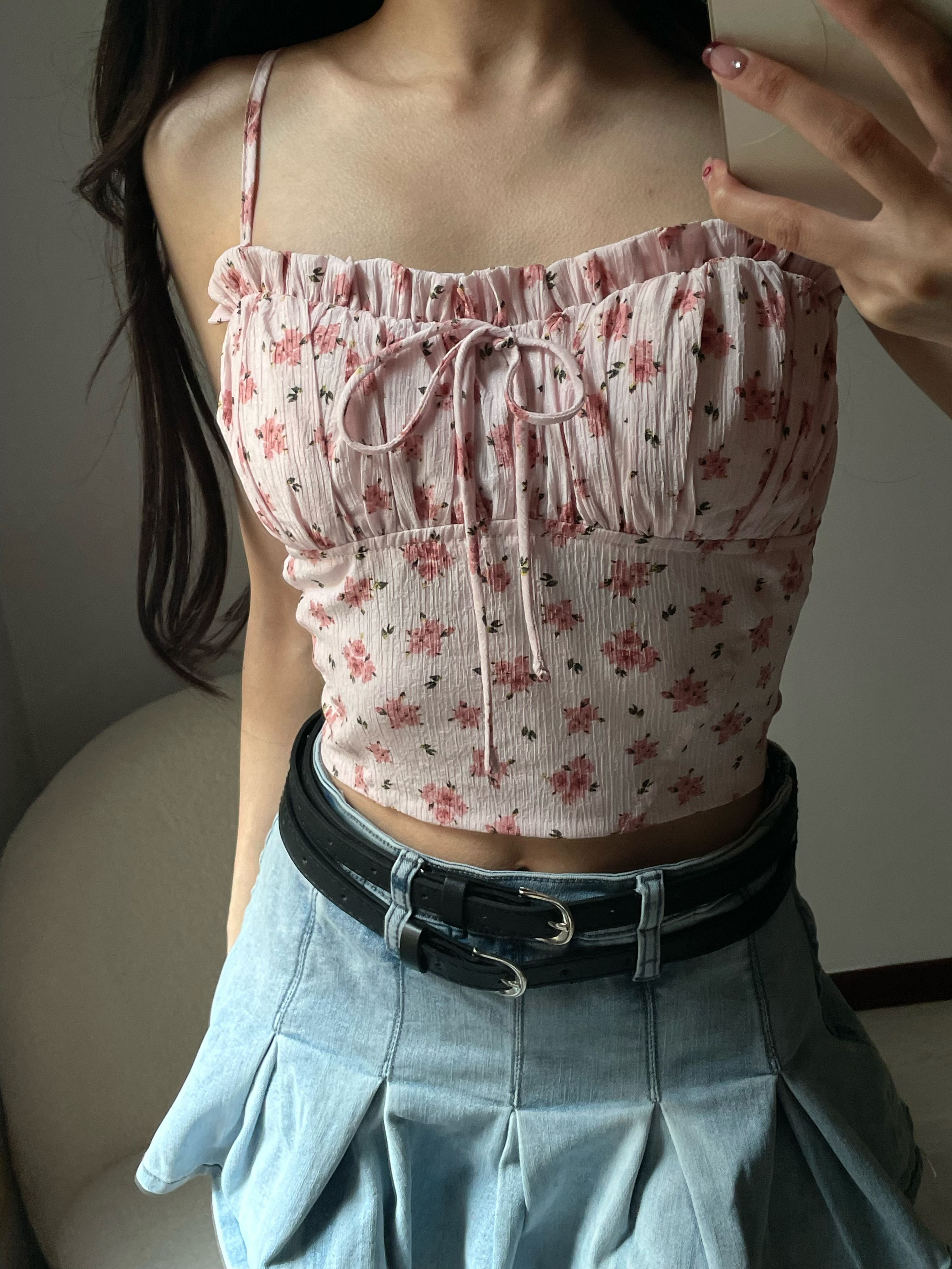 韓系木耳邊碎花細肩背心