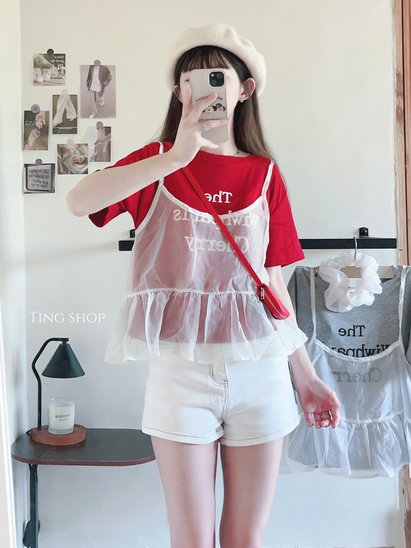 現貨出清❗️透膚細肩背心+英字T+髮圈三件套