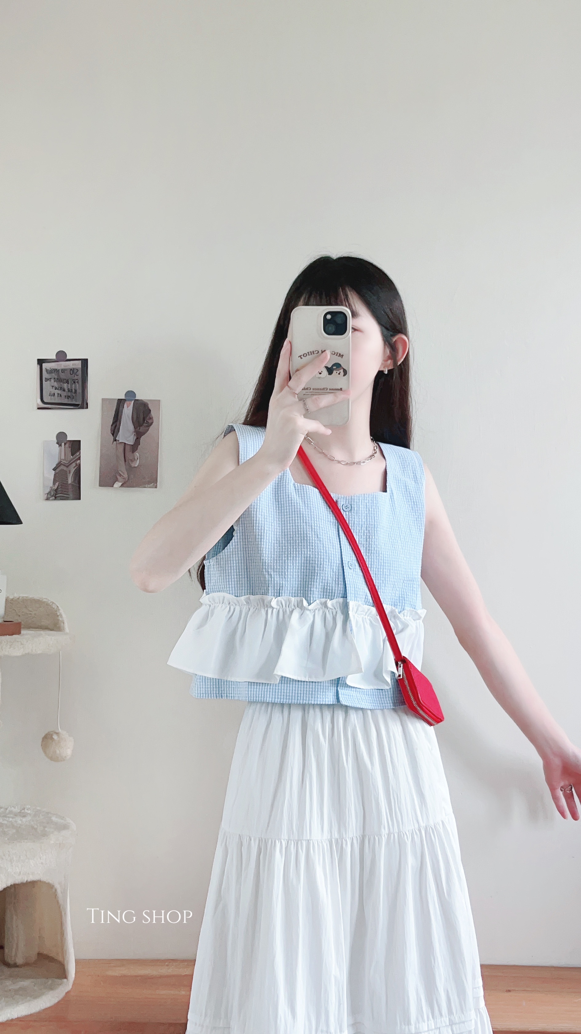 現貨出清-方領荷葉邊拼接格紋背心