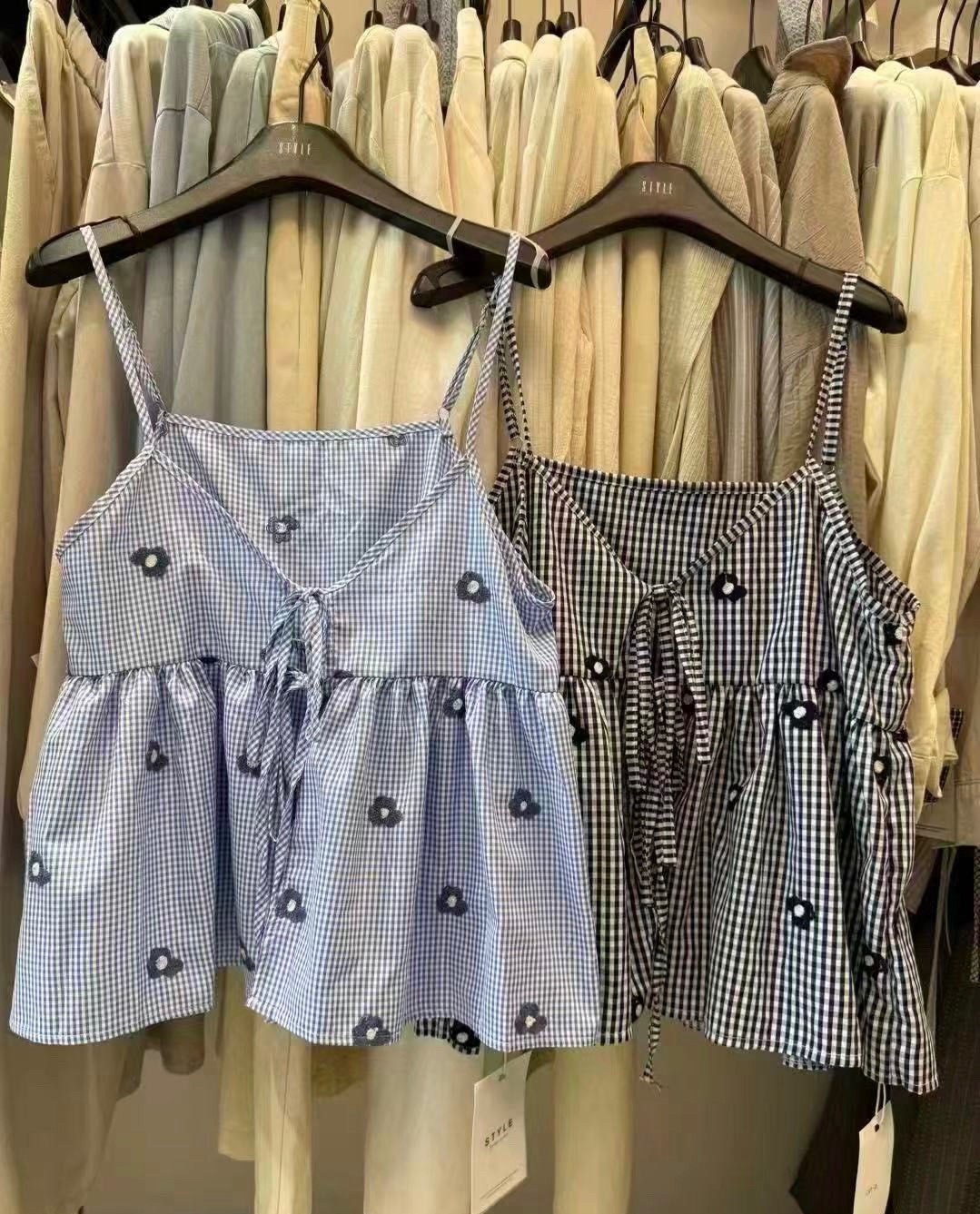 小花朵格紋綁帶背心