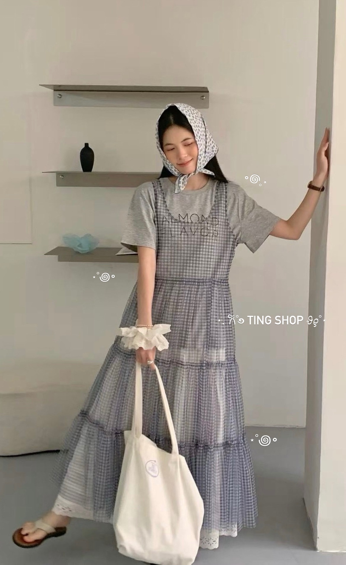 格紋網紗疊穿長洋