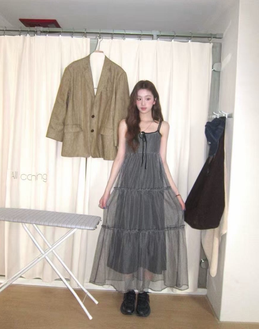 蝶結細格網紗吊帶洋