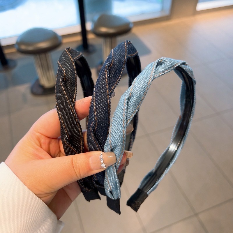 丹寧牛仔交叉扭結髮箍