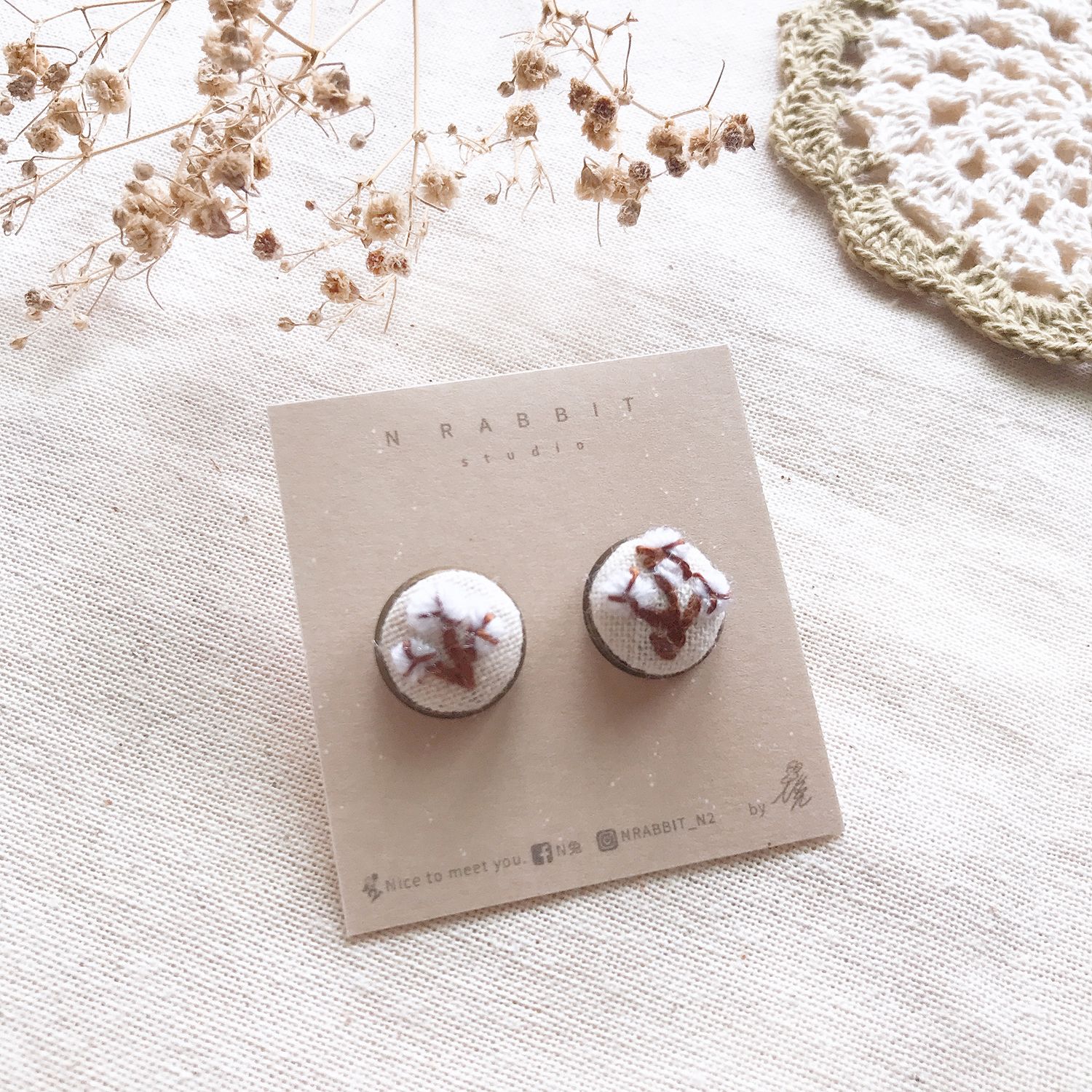 棉花 手工刺繡耳環