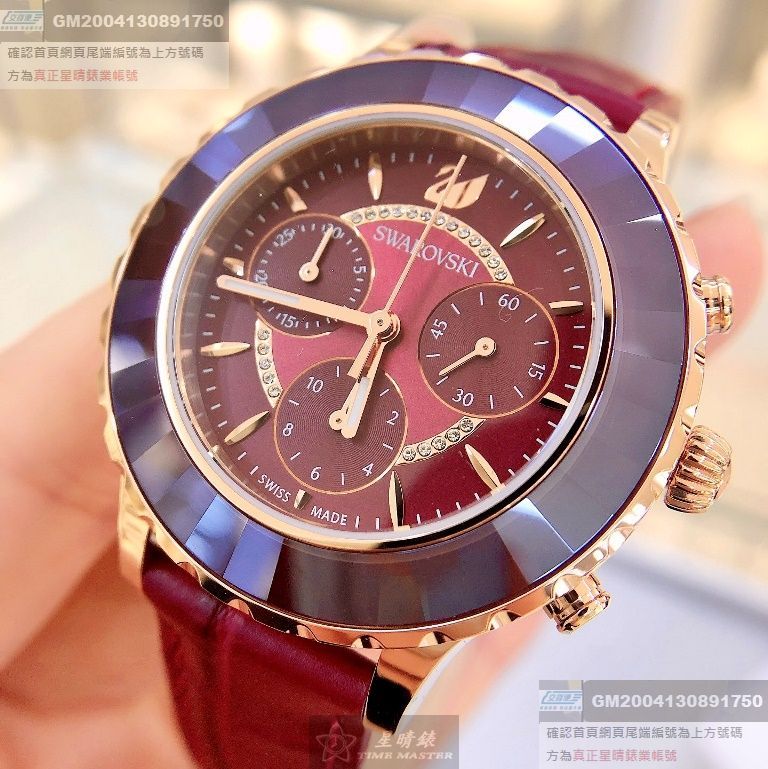 SWAROVSKI手錶，編號SW00017，38mm玫瑰金錶殼，大紅色錶帶款