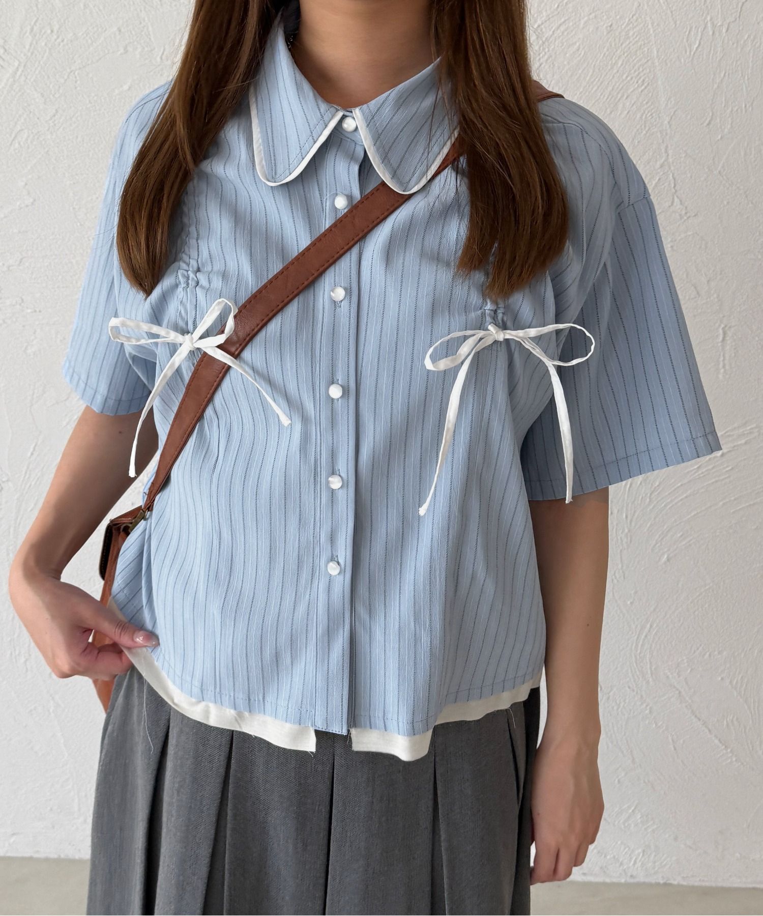 2936 多層混色抽繩緞帶襯衫