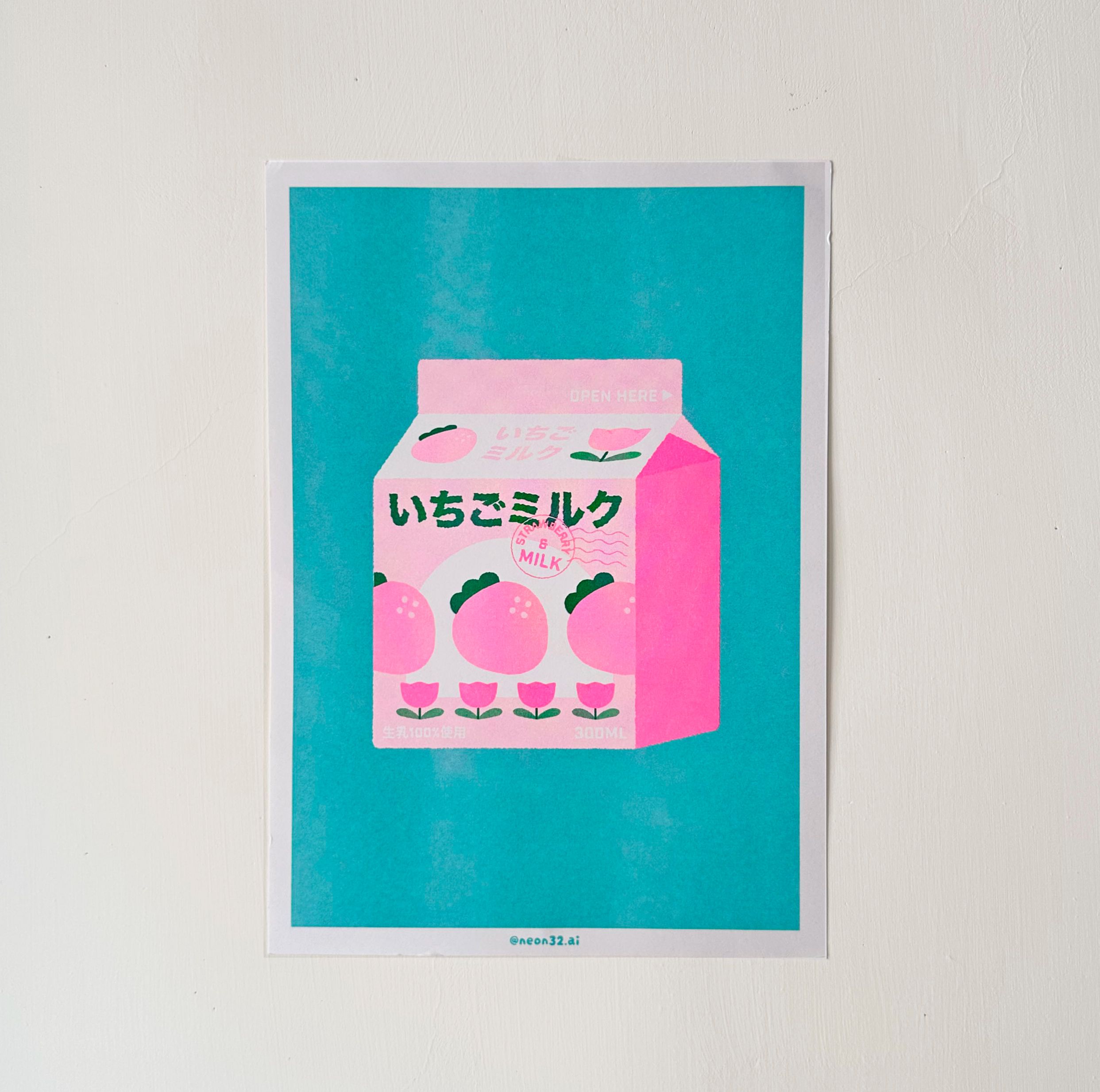 草莓牛奶｜孔版印刷 A4 海報