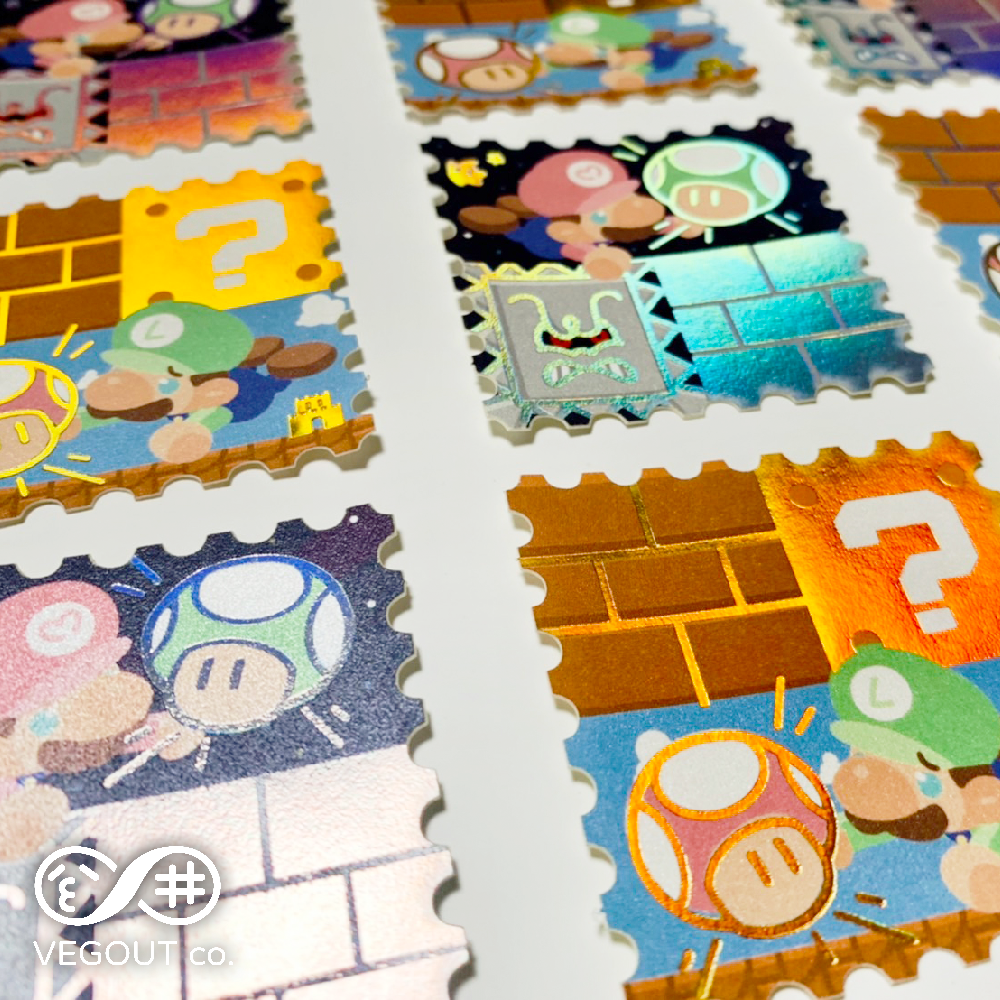【超級瑪利歐兄弟 Super Mario Bros】兄弟吃菇ㄛ！ 🍄 燙金郵票貼紙 5x5公分